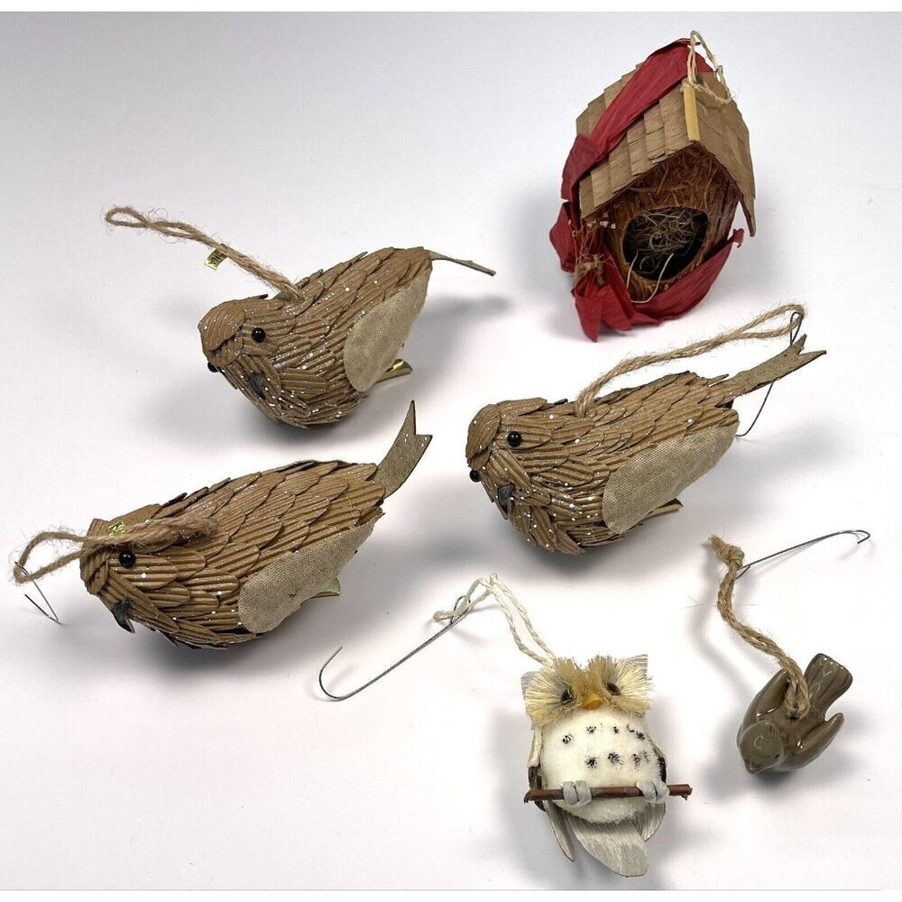 Lot 6 Bird Themed Rustic Holiday CHRISTMAS TREE ORNAMENTS Owl Birdhouse Beige